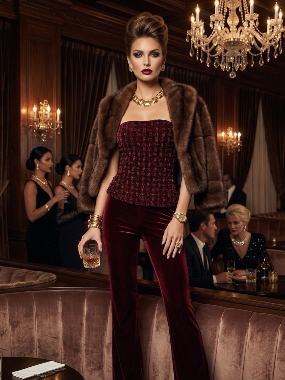 Vintage Y2K Moda International Burgundy Velvet Tube Top Flare Pants Set Size S